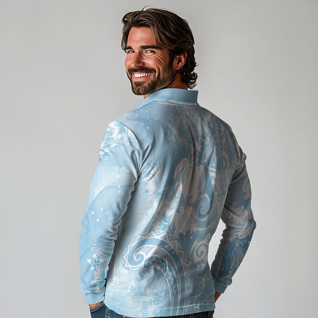 Aloha Hawaii Turtles Floral Long Sleeve Polo Shirt Aqua Marbles Glaze LT7 - Polynesian Pride