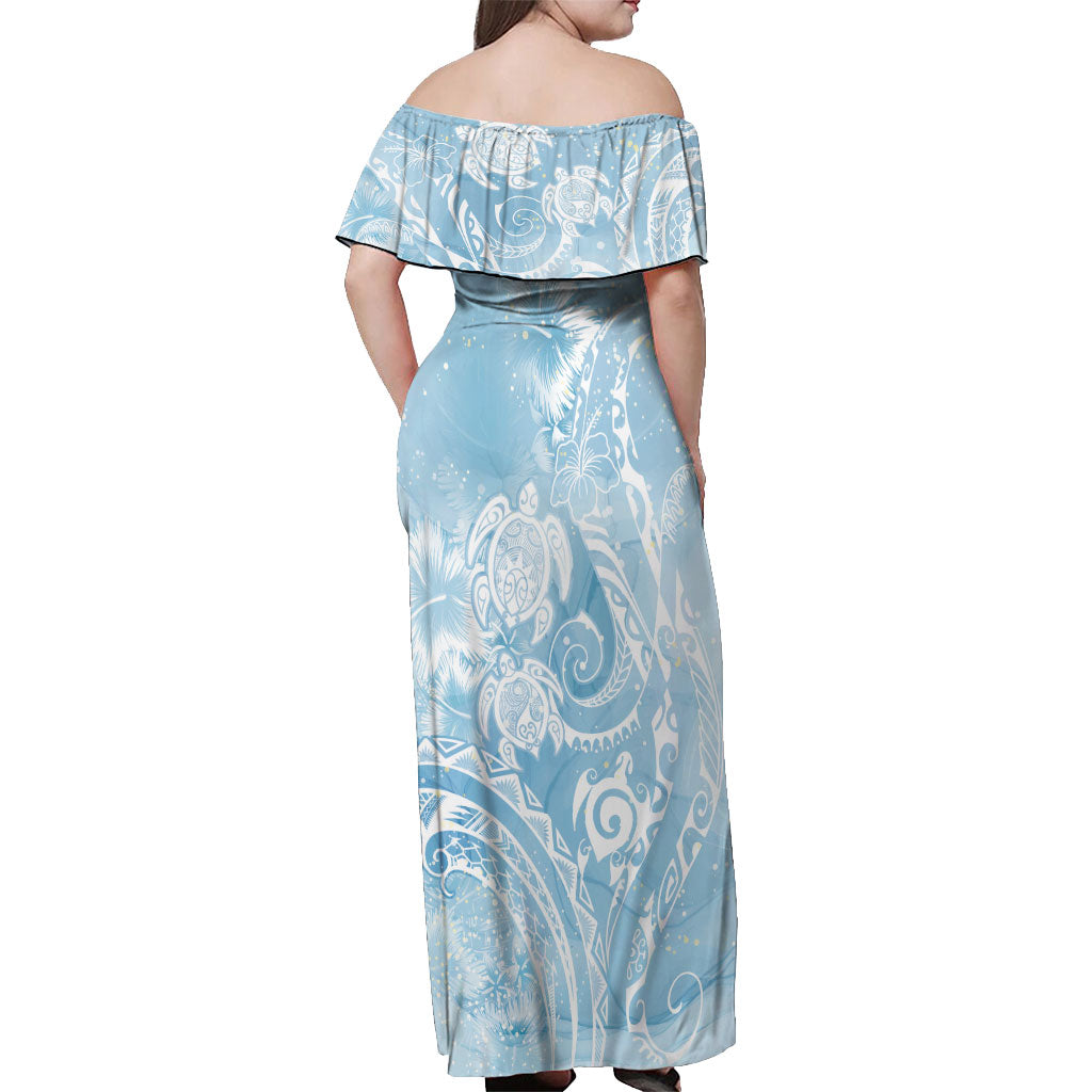 Aloha Hawaii Turtles Floral Off Shoulder Maxi Dress Aqua Marbles Glaze LT7 - Polynesian Pride