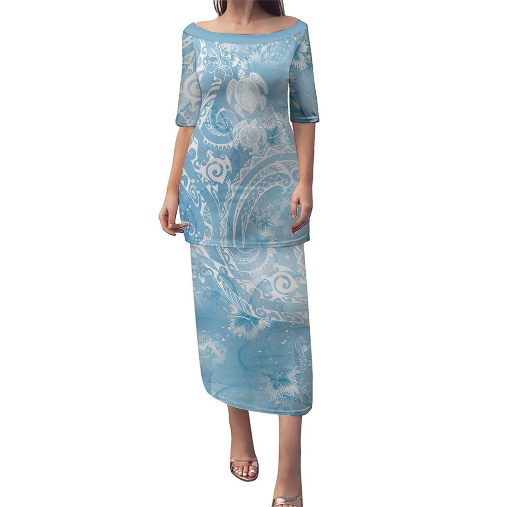Aloha Hawaii Turtles Floral Puletasi Aqua Marbles Glaze LT7 Long Dress Aqua - Polynesian Pride