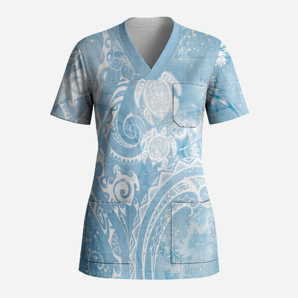 Aloha Hawaii Turtles Floral Scrub Top Aqua Marbles Glaze LT7 Adult Aqua - Polynesian Pride