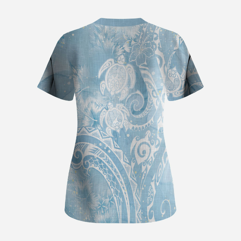 Aloha Hawaii Turtles Floral Scrub Top Aqua Marbles Glaze LT7 - Polynesian Pride