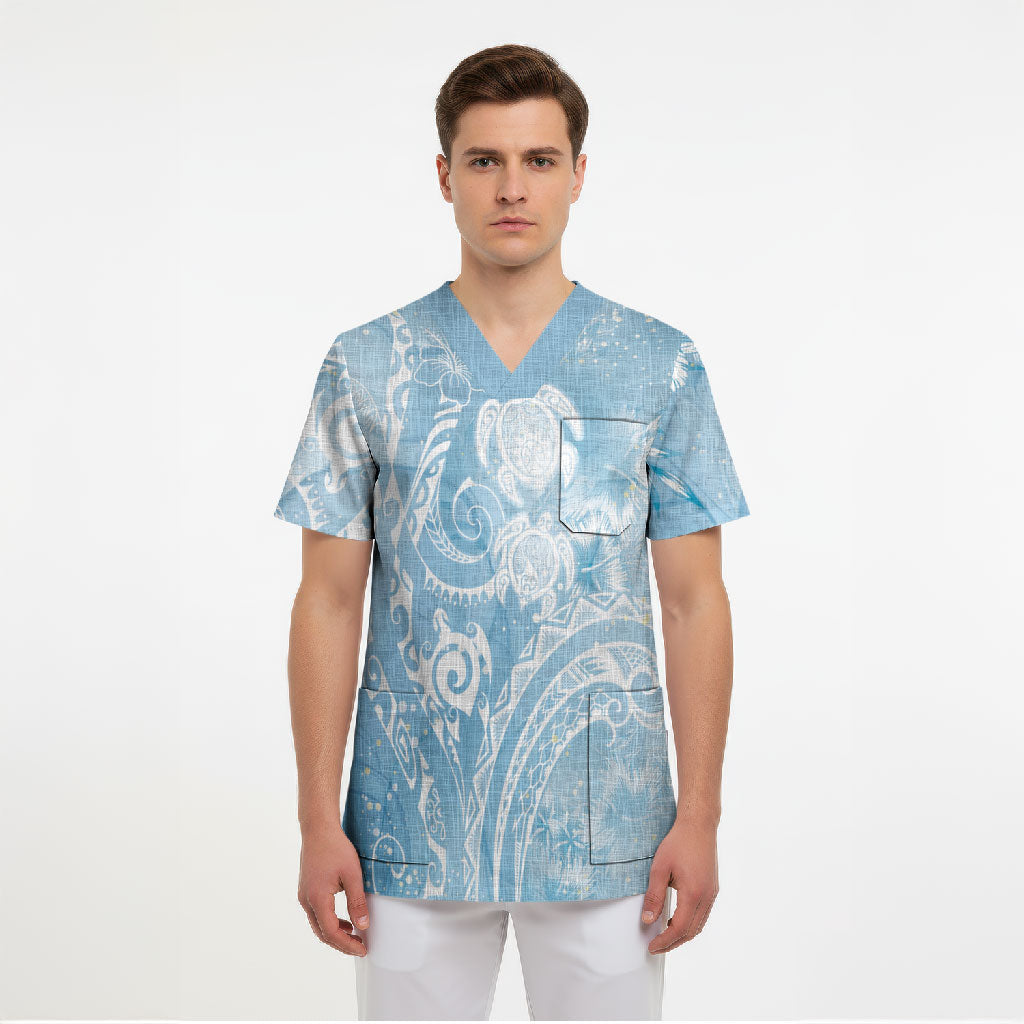 Aloha Hawaii Turtles Floral Scrub Top Aqua Marbles Glaze LT7 - Polynesian Pride