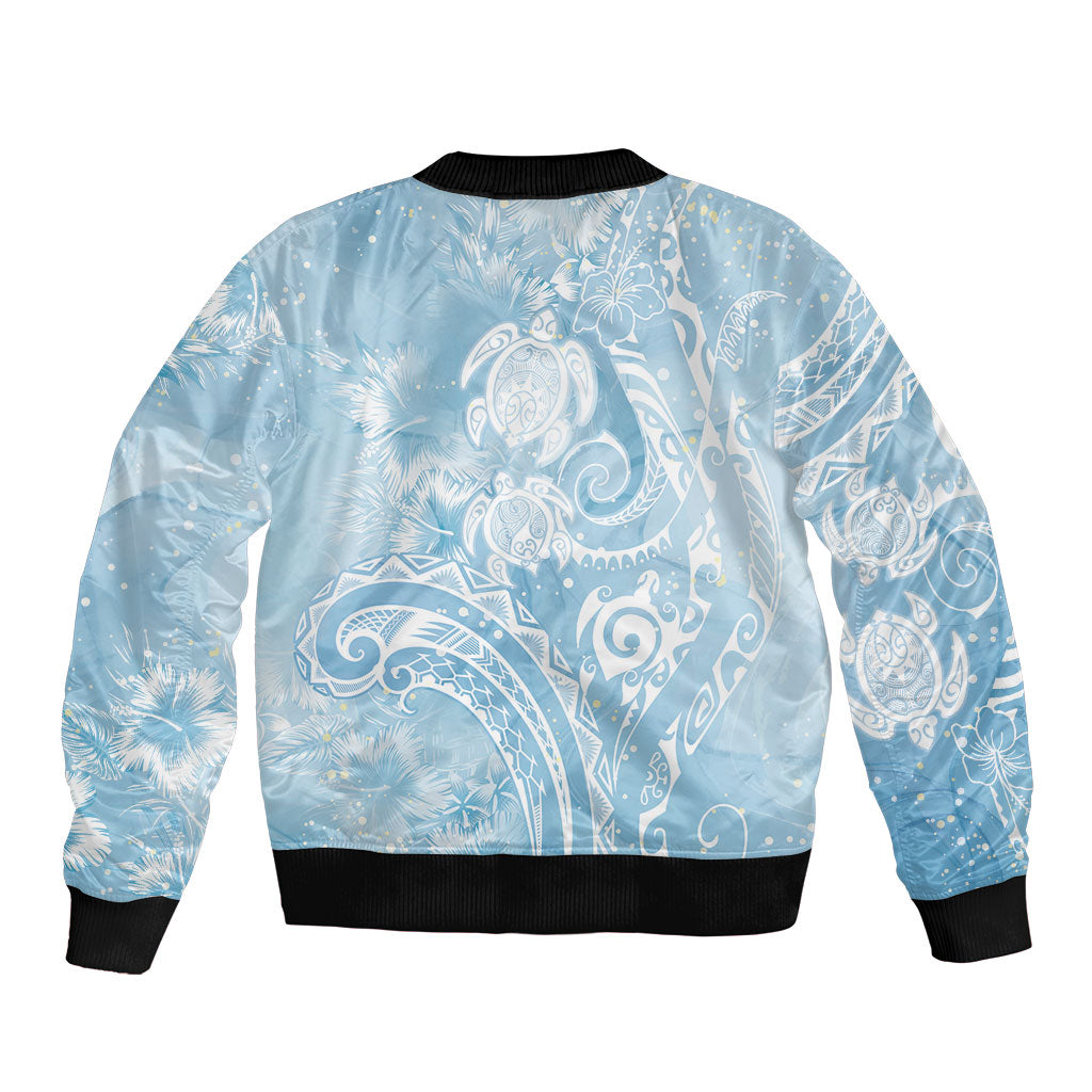 Aloha Hawaii Turtles Floral Sleeve Zip Bomber Jacket Aqua Marbles Glaze LT7 - Polynesian Pride