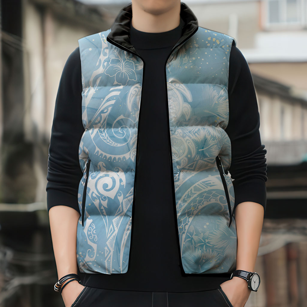 Aloha Hawaii Turtles Floral Sleeveless Puffer Jacket Aqua Marbles Glaze LT7 - Polynesian Pride