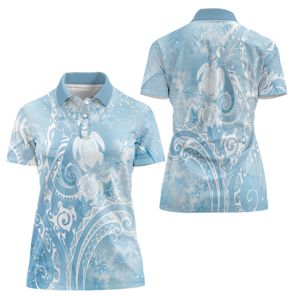Aloha Hawaii Turtles Floral Women Polo Shirt Aqua Marbles Glaze LT7 - Polynesian Pride