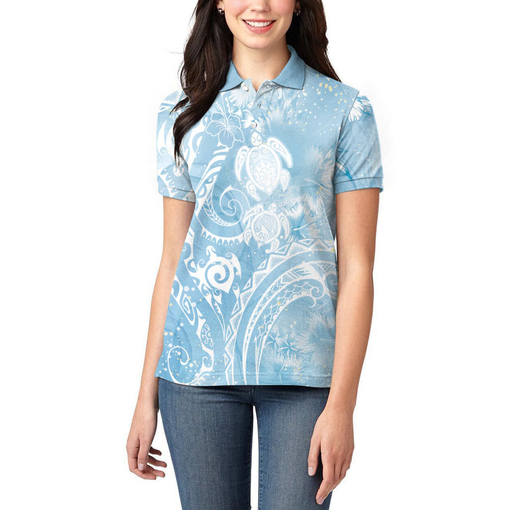 Aloha Hawaii Turtles Floral Women Polo Shirt Aqua Marbles Glaze LT7 - Polynesian Pride