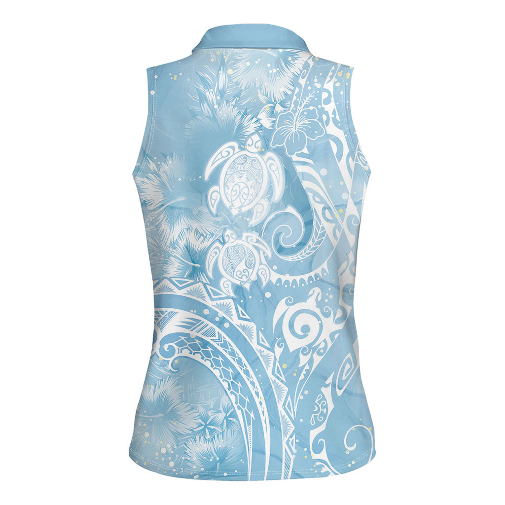 Aloha Hawaii Turtles Floral Women Sleeveless Polo Shirt Aqua Marbles Glaze LT7 - Polynesian Pride
