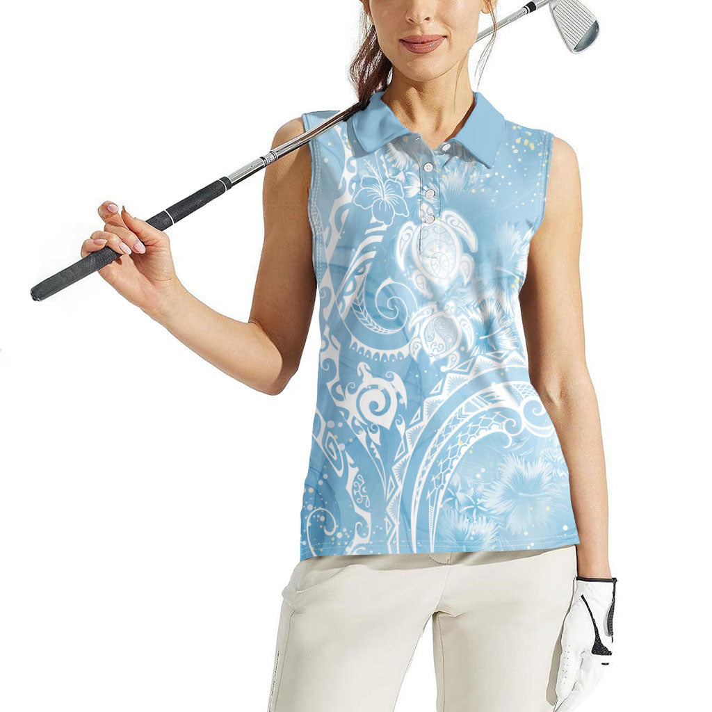 Aloha Hawaii Turtles Floral Women Sleeveless Polo Shirt Aqua Marbles Glaze LT7 - Polynesian Pride