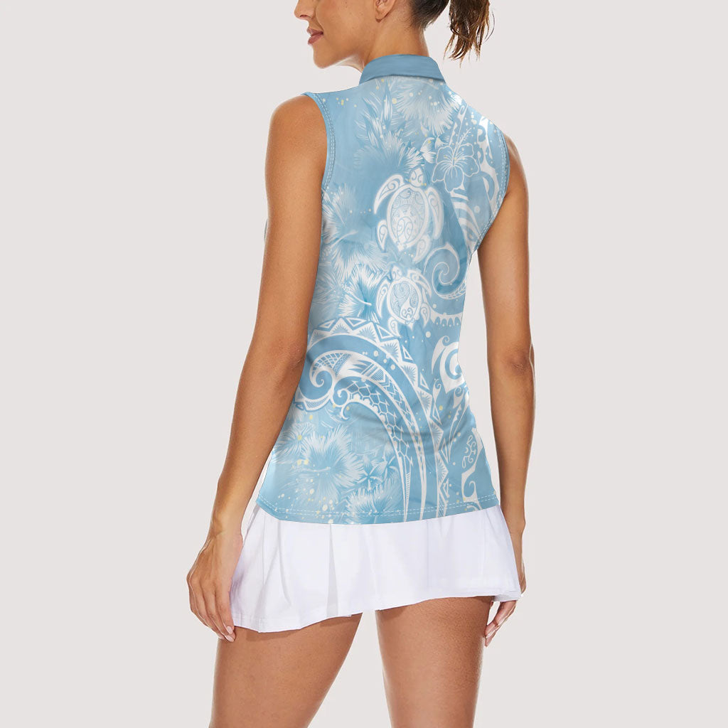 Aloha Hawaii Turtles Floral Women Sleeveless Polo Shirt Aqua Marbles Glaze LT7 - Polynesian Pride