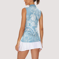 Aloha Hawaii Turtles Floral Women Sleeveless Polo Shirt Aqua Marbles Glaze LT7 - Polynesian Pride