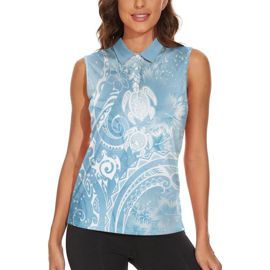 Aloha Hawaii Turtles Floral Women Sleeveless Polo Shirt Aqua Marbles Glaze LT7 - Polynesian Pride