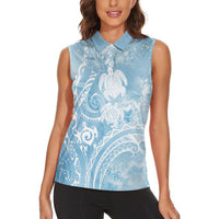 Aloha Hawaii Turtles Floral Women Sleeveless Polo Shirt Aqua Marbles Glaze LT7 - Polynesian Pride