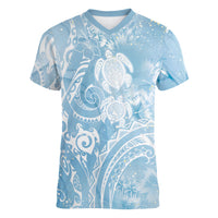 Aloha Hawaii Turtles Floral Women V-Neck T-Shirt Aqua Marbles Glaze LT7 Female Aqua - Polynesian Pride