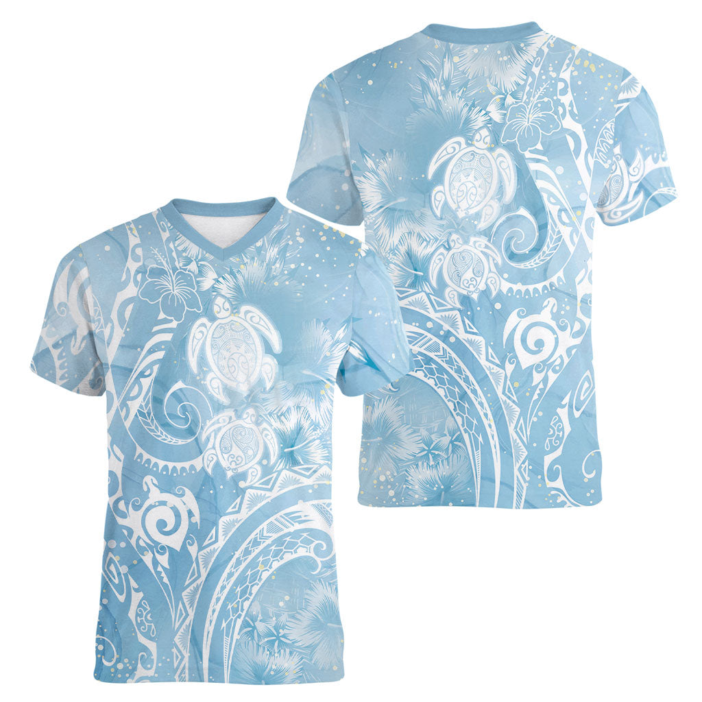 Aloha Hawaii Turtles Floral Women V-Neck T-Shirt Aqua Marbles Glaze LT7 - Polynesian Pride