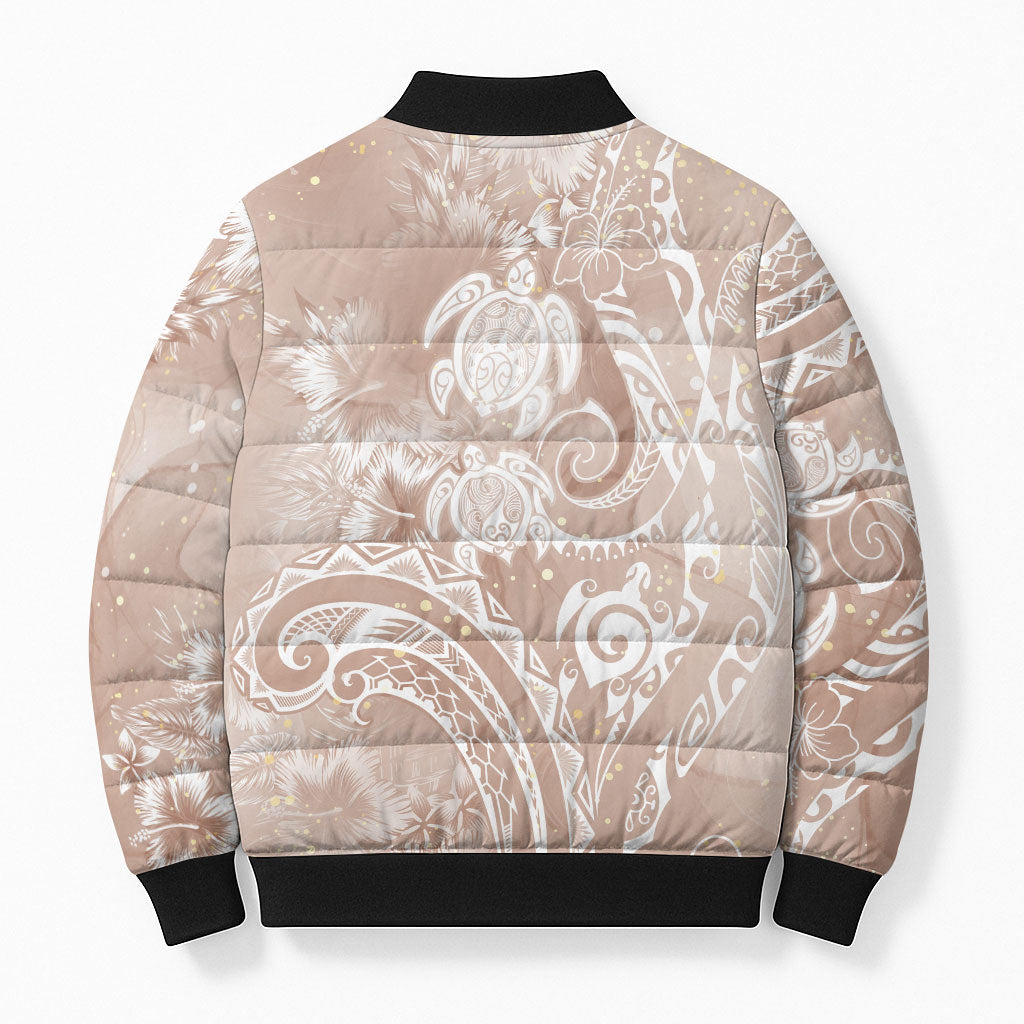 Aloha Hawaii Turtles Floral Bomber Puffer Jacket Taupe Marbles Glaze LT7 - Polynesian Pride
