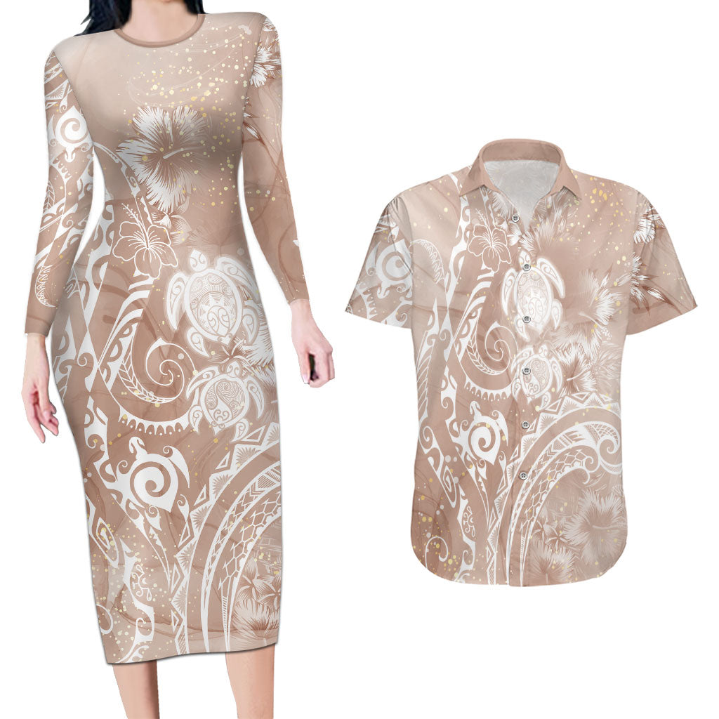 Aloha Hawaii Turtles Floral Couples Matching Long Sleeve Bodycon Dress and Hawaiian Shirt Taupe Marbles Glaze LT7 Taupe - Polynesian Pride