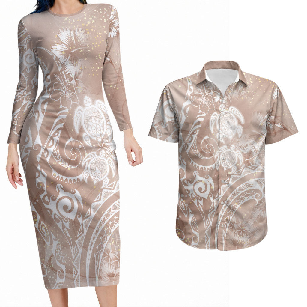Aloha Hawaii Turtles Floral Couples Matching Long Sleeve Bodycon Dress and Hawaiian Shirt Taupe Marbles Glaze LT7 Taupe - Polynesian Pride
