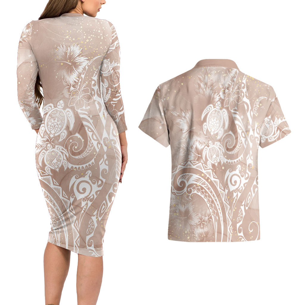 Aloha Hawaii Turtles Floral Couples Matching Long Sleeve Bodycon Dress and Hawaiian Shirt Taupe Marbles Glaze LT7 - Polynesian Pride