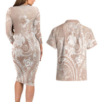 Aloha Hawaii Turtles Floral Couples Matching Long Sleeve Bodycon Dress and Hawaiian Shirt Taupe Marbles Glaze LT7 - Polynesian Pride