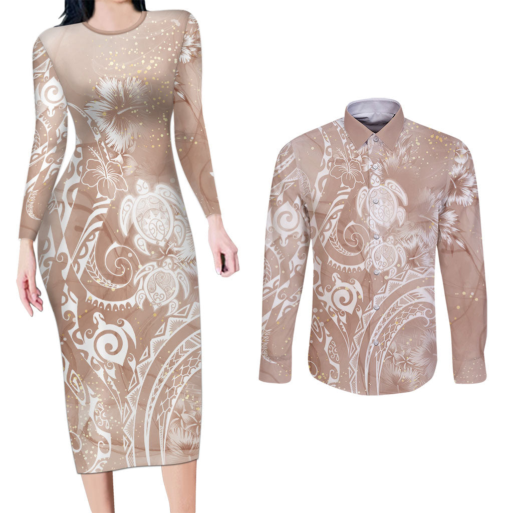 Aloha Hawaii Turtles Floral Couples Matching Long Sleeve Bodycon Dress and Long Sleeve Button Shirt Taupe Marbles Glaze LT7 Taupe - Polynesian Pride