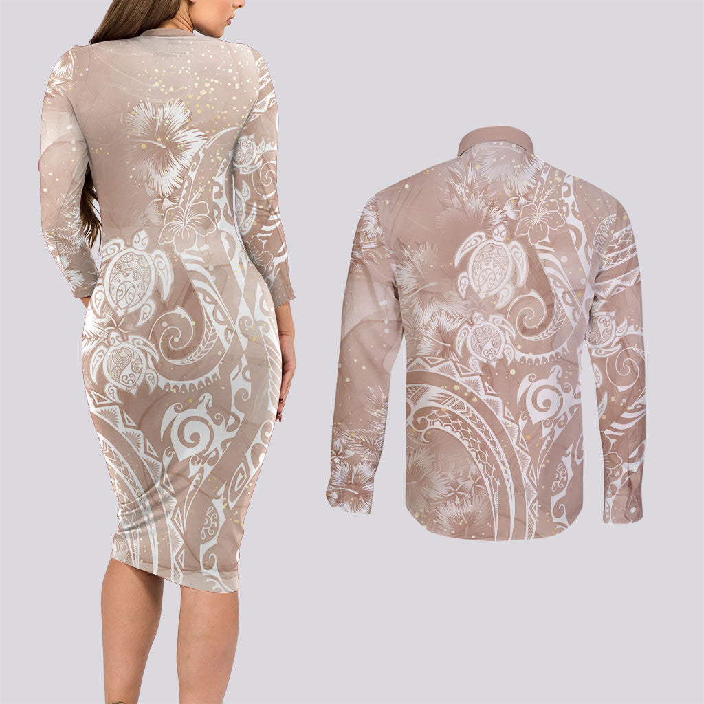 Aloha Hawaii Turtles Floral Couples Matching Long Sleeve Bodycon Dress and Long Sleeve Button Shirt Taupe Marbles Glaze LT7 - Polynesian Pride