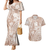 Aloha Hawaii Turtles Floral Couples Matching Mermaid Dress and Hawaiian Shirt Taupe Marbles Glaze LT7 Taupe - Polynesian Pride