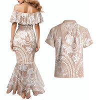 Aloha Hawaii Turtles Floral Couples Matching Mermaid Dress and Hawaiian Shirt Taupe Marbles Glaze LT7 - Polynesian Pride