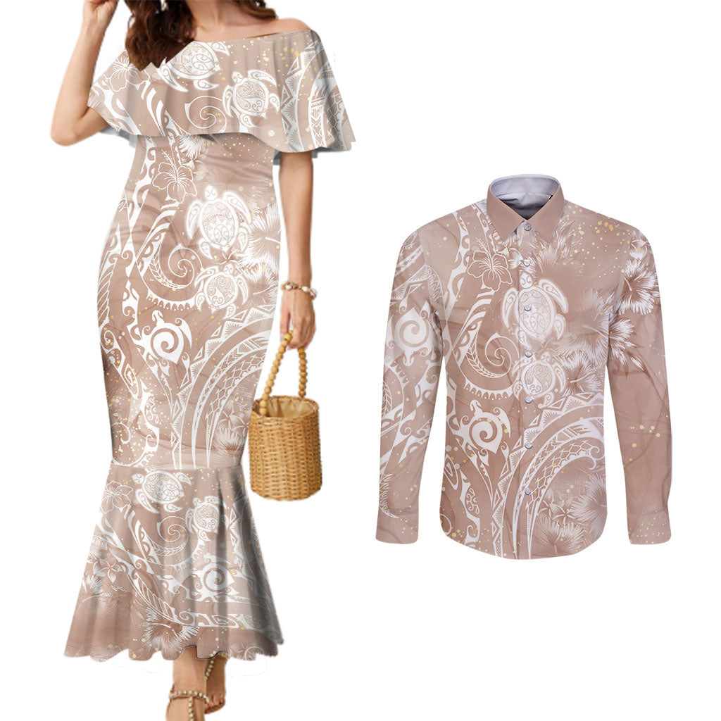 Aloha Hawaii Turtles Floral Couples Matching Mermaid Dress and Long Sleeve Button Shirt Taupe Marbles Glaze LT7 Taupe - Polynesian Pride