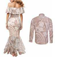 Aloha Hawaii Turtles Floral Couples Matching Mermaid Dress and Long Sleeve Button Shirt Taupe Marbles Glaze LT7 - Polynesian Pride
