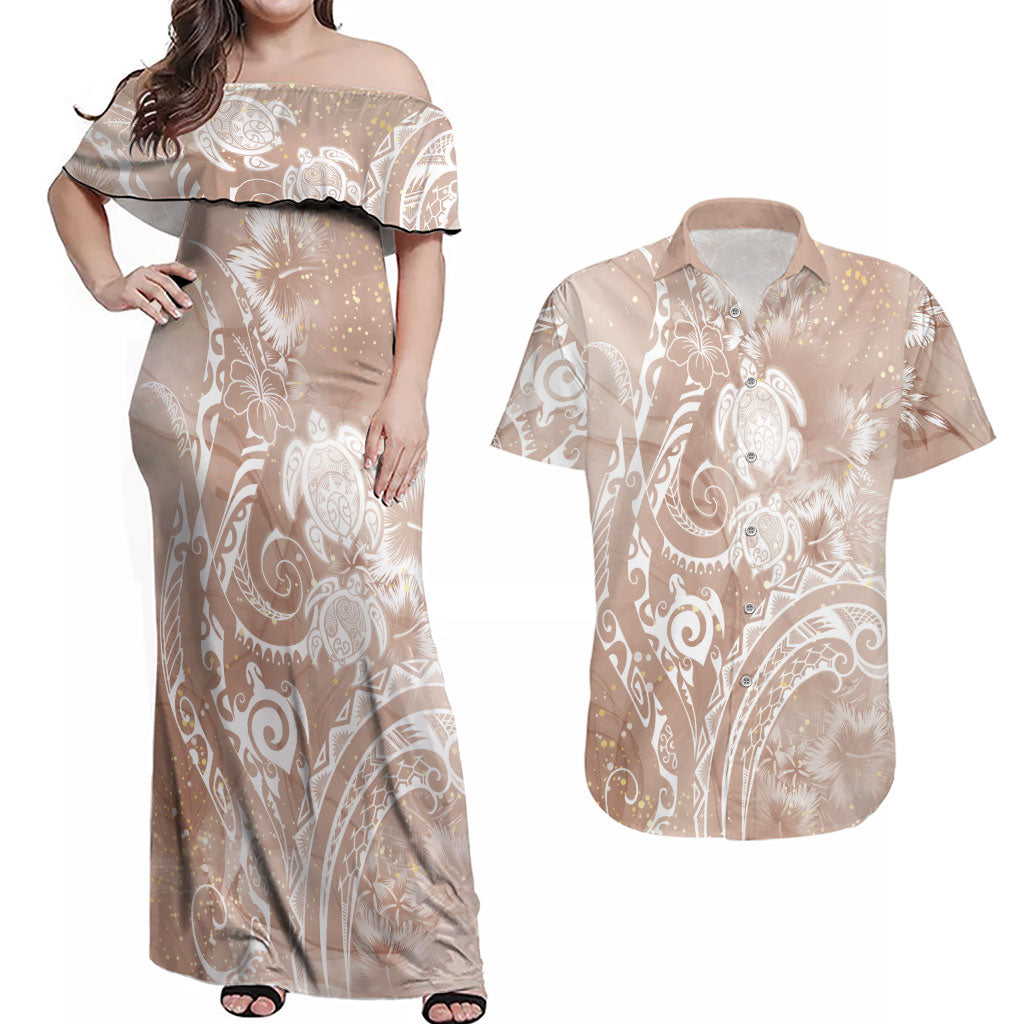 Aloha Hawaii Turtles Floral Couples Matching Off Shoulder Maxi Dress and Hawaiian Shirt Taupe Marbles Glaze LT7 Taupe - Polynesian Pride