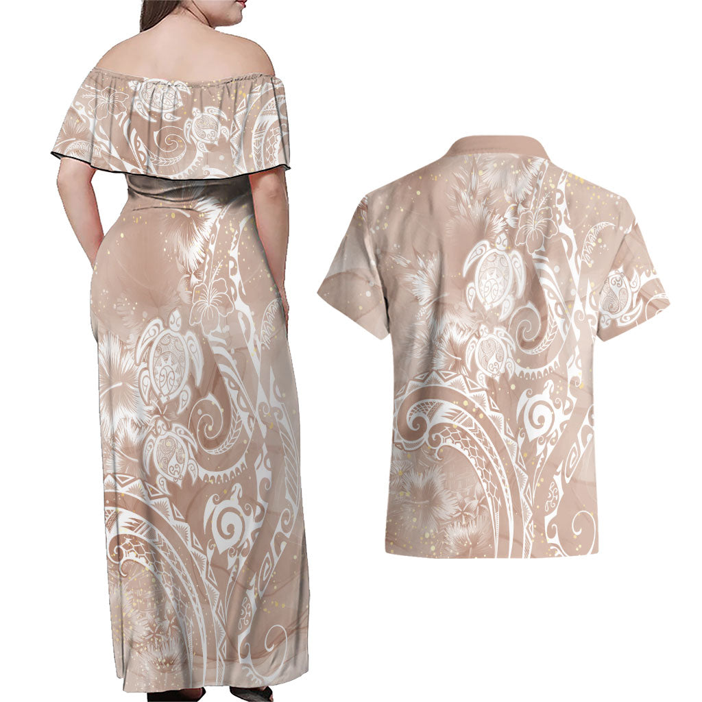 Aloha Hawaii Turtles Floral Couples Matching Off Shoulder Maxi Dress and Hawaiian Shirt Taupe Marbles Glaze LT7 - Polynesian Pride