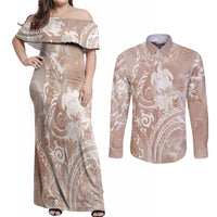 Aloha Hawaii Turtles Floral Couples Matching Off Shoulder Maxi Dress and Long Sleeve Button Shirt Taupe Marbles Glaze LT7 Taupe - Polynesian Pride