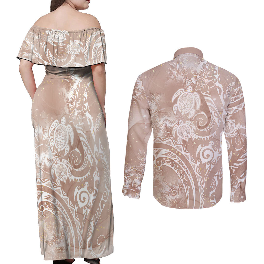 Aloha Hawaii Turtles Floral Couples Matching Off Shoulder Maxi Dress and Long Sleeve Button Shirt Taupe Marbles Glaze LT7 - Polynesian Pride