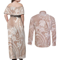 Aloha Hawaii Turtles Floral Couples Matching Off Shoulder Maxi Dress and Long Sleeve Button Shirt Taupe Marbles Glaze LT7 - Polynesian Pride