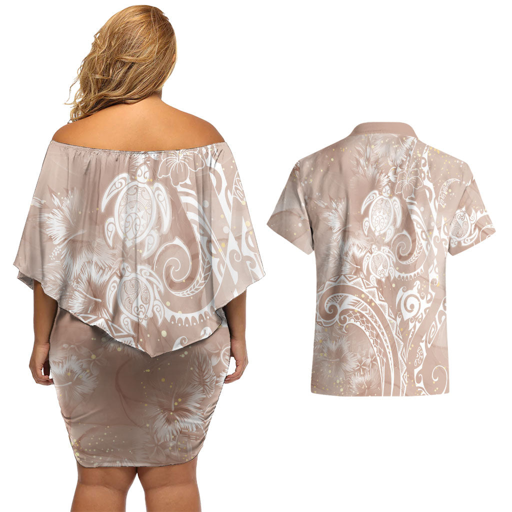 Aloha Hawaii Turtles Floral Couples Matching Off Shoulder Short Dress and Hawaiian Shirt Taupe Marbles Glaze LT7 - Polynesian Pride