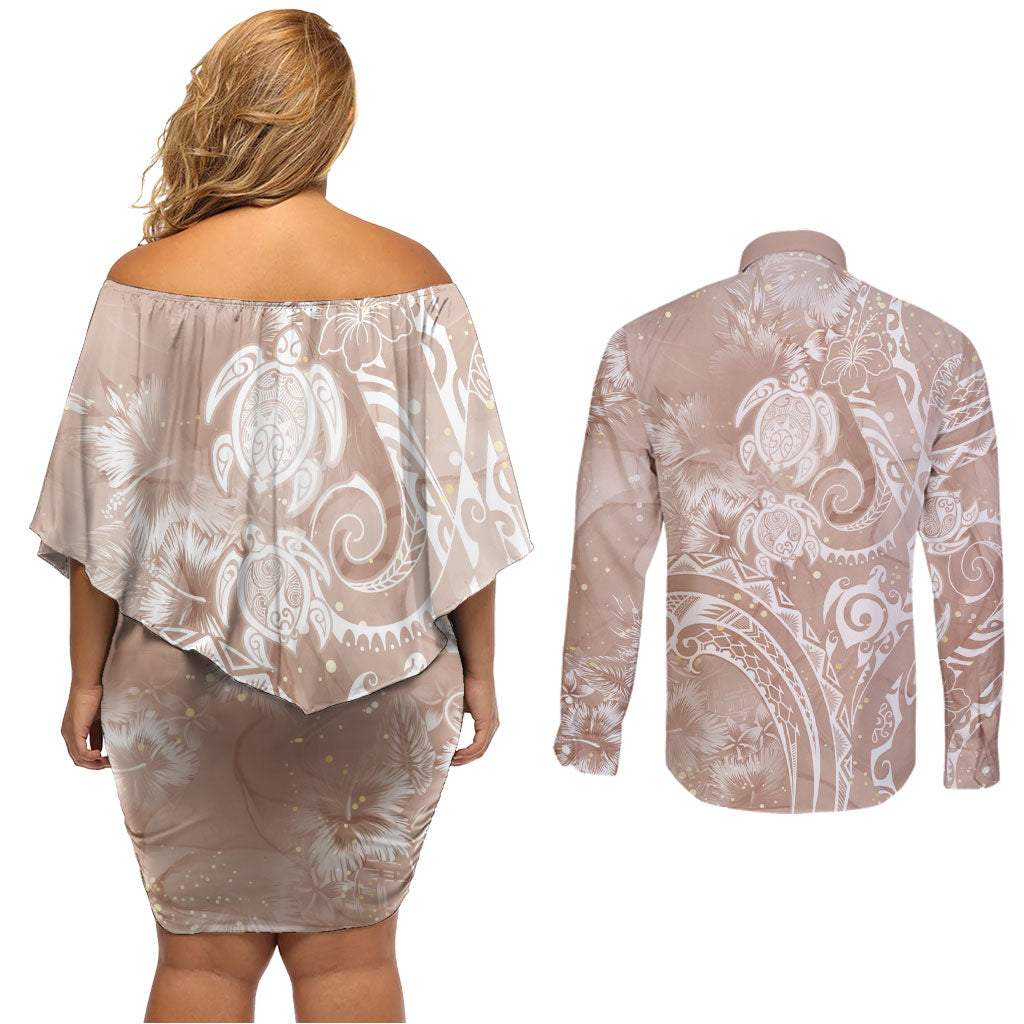 Aloha Hawaii Turtles Floral Couples Matching Off Shoulder Short Dress and Long Sleeve Button Shirt Taupe Marbles Glaze LT7 - Polynesian Pride