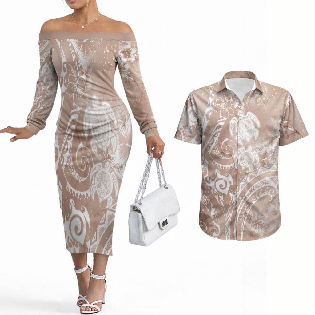 Aloha Hawaii Turtles Floral Couples Matching Off The Shoulder Long Sleeve Dress and Hawaiian Shirt Taupe Marbles Glaze LT7 Taupe - Polynesian Pride