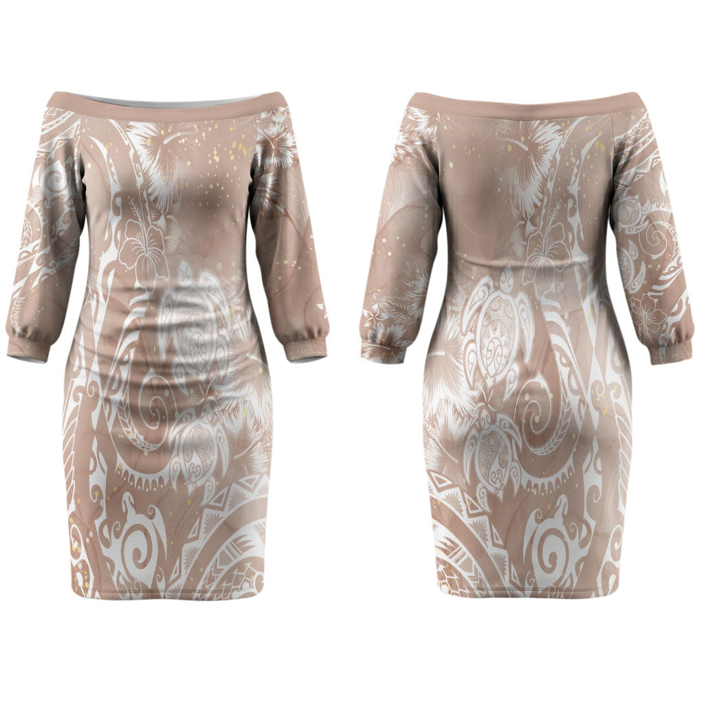 Aloha Hawaii Turtles Floral Couples Matching Off The Shoulder Long Sleeve Dress and Hawaiian Shirt Taupe Marbles Glaze LT7 - Polynesian Pride