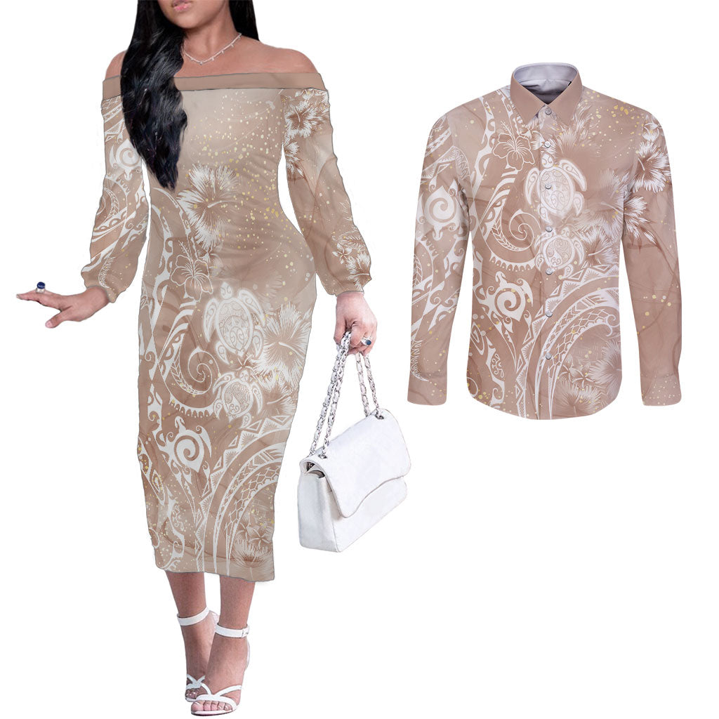 Aloha Hawaii Turtles Floral Couples Matching Off The Shoulder Long Sleeve Dress and Long Sleeve Button Shirt Taupe Marbles Glaze LT7 Taupe - Polynesian Pride