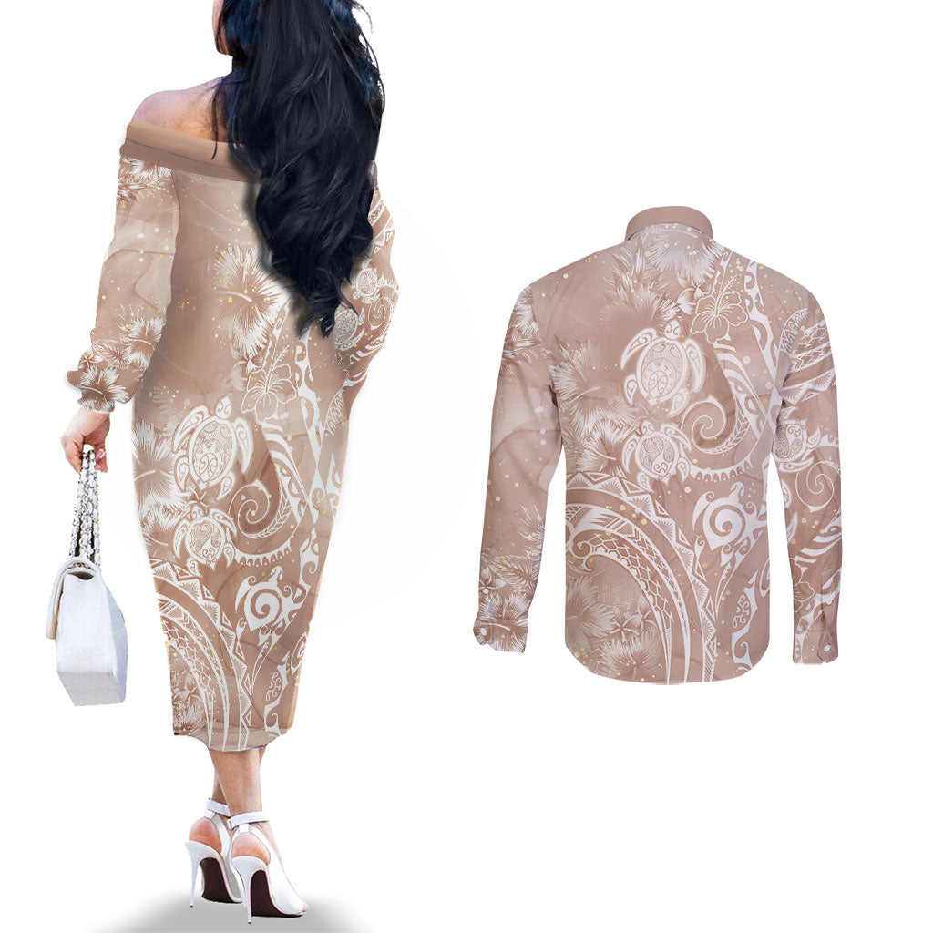 Aloha Hawaii Turtles Floral Couples Matching Off The Shoulder Long Sleeve Dress and Long Sleeve Button Shirt Taupe Marbles Glaze LT7 - Polynesian Pride
