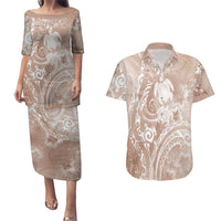 Aloha Hawaii Turtles Floral Couples Matching Puletasi and Hawaiian Shirt Taupe Marbles Glaze LT7 Taupe - Polynesian Pride