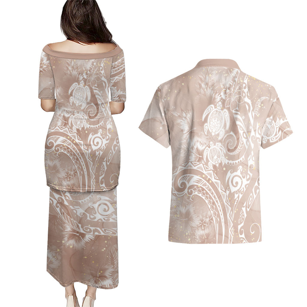 Aloha Hawaii Turtles Floral Couples Matching Puletasi and Hawaiian Shirt Taupe Marbles Glaze LT7 - Polynesian Pride