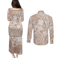 Aloha Hawaii Turtles Floral Couples Matching Puletasi and Long Sleeve Button Shirt Taupe Marbles Glaze LT7 - Polynesian Pride