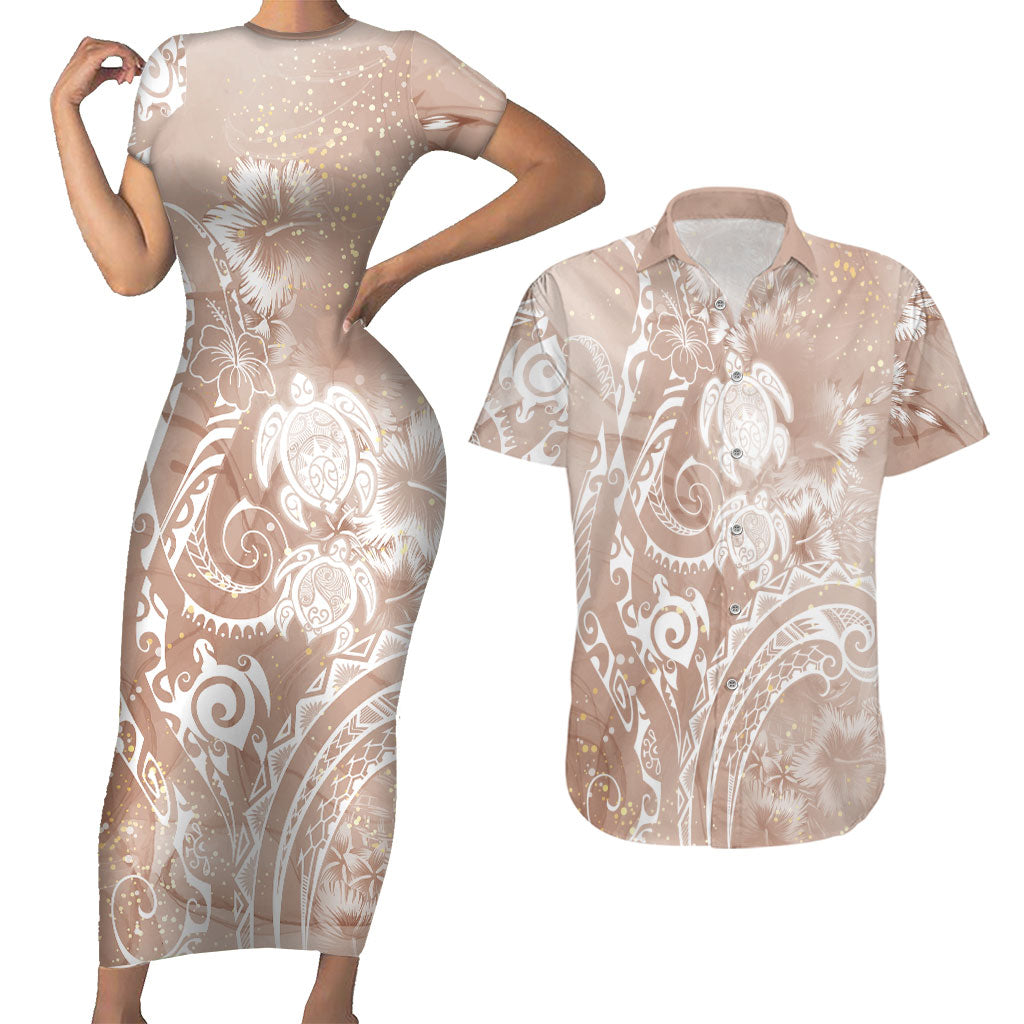 Aloha Hawaii Turtles Floral Couples Matching Short Sleeve Bodycon Dress and Hawaiian Shirt Taupe Marbles Glaze LT7 Taupe - Polynesian Pride