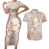 Aloha Hawaii Turtles Floral Couples Matching Short Sleeve Bodycon Dress and Hawaiian Shirt Taupe Marbles Glaze LT7 Taupe - Polynesian Pride