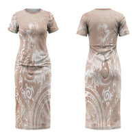 Aloha Hawaii Turtles Floral Couples Matching Short Sleeve Bodycon Dress and Hawaiian Shirt Taupe Marbles Glaze LT7 - Polynesian Pride