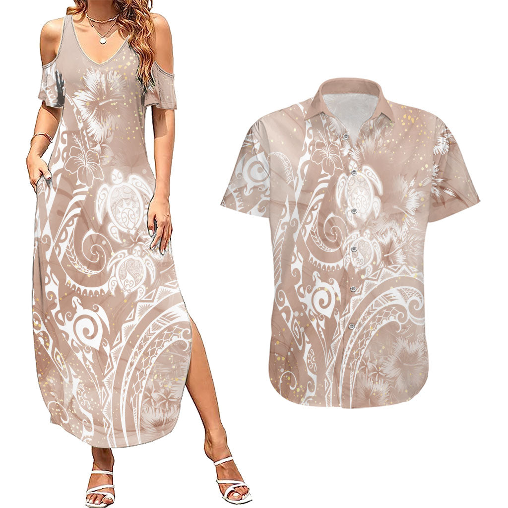 Aloha Hawaii Turtles Floral Couples Matching Summer Maxi Dress and Hawaiian Shirt Taupe Marbles Glaze LT7 Taupe - Polynesian Pride