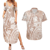 Aloha Hawaii Turtles Floral Couples Matching Summer Maxi Dress and Hawaiian Shirt Taupe Marbles Glaze LT7 Taupe - Polynesian Pride