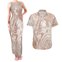 Aloha Hawaii Turtles Floral Couples Matching Tank Maxi Dress and Hawaiian Shirt Taupe Marbles Glaze LT7 Taupe - Polynesian Pride