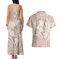 Aloha Hawaii Turtles Floral Couples Matching Tank Maxi Dress and Hawaiian Shirt Taupe Marbles Glaze LT7 - Polynesian Pride